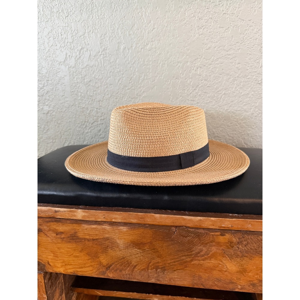 Solar Escape Tan Straw Fedora Hat Black Ribbon Band Adjustable Wide Brim Unisex